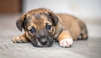Adorable Puppy Lying Down on a Wooden Floor Looking Sad.