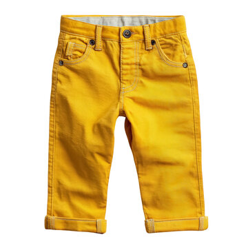 Yellow toddler boy pants isolated on white background, casual fashion clothing for kids, bright yellow denim jeans