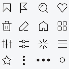 Set of minimalist outline icons for interface: save, flag, search, heart, trash, edit, home, grid, settings