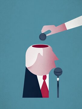 Speaker with open head being filled with coins while holding microphone symbolizing paid influence propaganda and monetized opinions