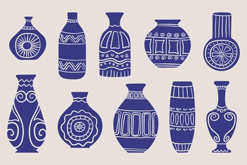 Hand drawn deep blue ceramic vase set with minimal abstract and floral patterns on soft beige background, flat modern illustration for home decor, poster, card, and design project.