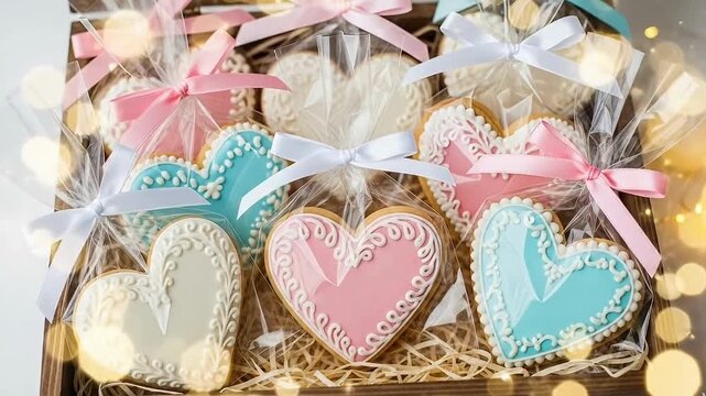 Beautiful decorated heart shaped cookies in wooden box