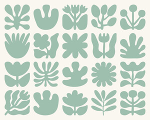 Set of abstract organic spring shapes with leaf and flower silhouettes in soft sage green on cream background. Modern minimal botanical elements for design, pattern, branding and decor.