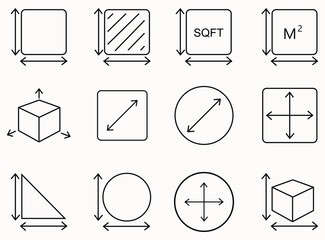 Geometric shapes and measurement icons: square, circle, triangle, cube, dimensions, area, volume, SQFT, M2