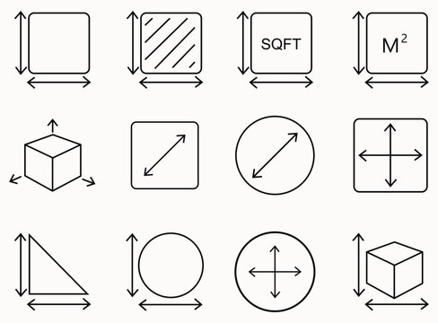 Geometric shapes and measurement icons: square, circle, triangle, cube, dimensions, area, volume, SQFT, M2