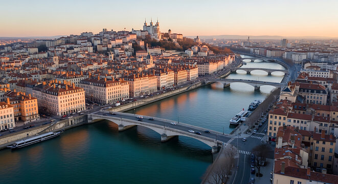 Drone view of Lyon confluence of Rh&ocirc;ne and Sa&ocirc;ne rivers historic buildings and hills