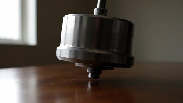A finely crafted metal spinning top toy demonstrates balance and gyroscopic stability on a smooth wooden surface.