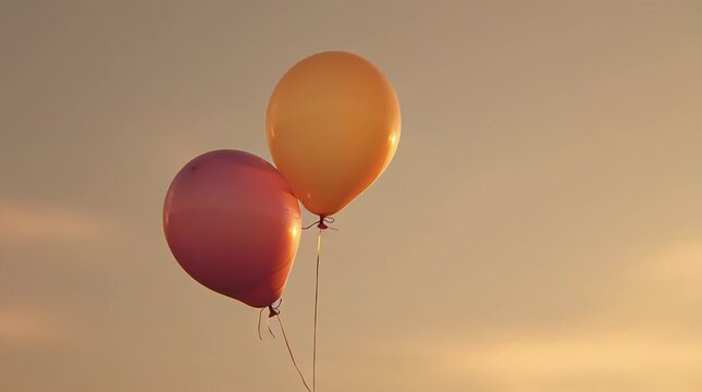 Symbolic love concept with two balloons drifting closer at sunset
