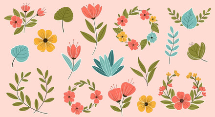 Vector floral elements set: orange, yellow, blue flowers, green leaves, wreaths, branches. Botanical illustration for wedding, spring, summer designs.