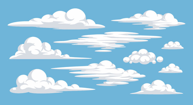 Cartoon vector cloud set on blue sky background. Fluffy cumulus, cirrus, and stratus clouds for weather, nature, or UI design elements.