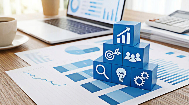 Blue cubes with business icons on financial charts for data analytics and growth strategy concept
