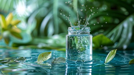 A glass jar filled with water and a green leaf floating in a pond surrounded by lush greenery