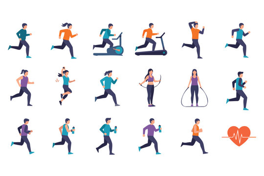 Colorful flat design illustration of people engaging in various fitness and workout activities including running jumping and gym exercises