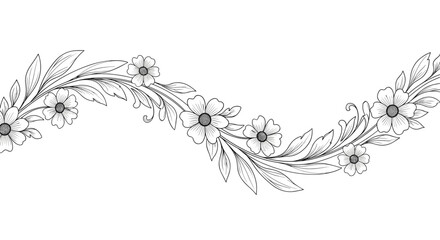 Ornate horizontal border featuring delicate flowers and leaves in detailed black and white line art for elegant frame decorations.
