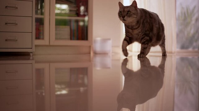 Fat grey tabby cat walking to camera and lying down by blowing white curtain in warm morning sunlight