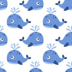 Fototapeta premium Cute cartoon Whale seamless pattern. Blue Whale texture. Vector illustration of Kawaii Whale. Sea animal, sea creature. Kids fabric in cartoon style. Flat design. Underwater life.