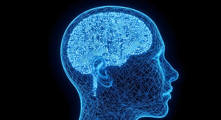 Obraz premium A luminous blue wireframe depiction of a human head in profile, revealing a detailed glowing circuit board structure within the brain cavity, symbolizing digital thought and artificial intelligence.