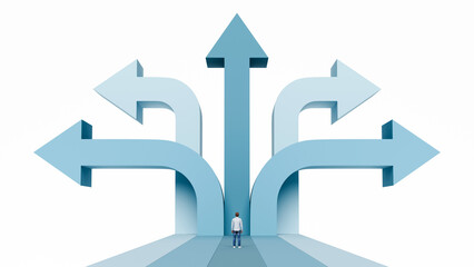 Man looking at multiple arrows branching out in different directions representing market expansion and diverse career opportunities, 3d render © BPawesome
