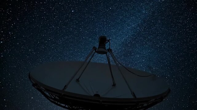 A large satellite dish under a brilliant starry night sky, symbolizing cosmic exploration and communication.