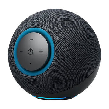 A detailed studio shot of a fourth generation amazon echo dot showcasing its fabric texture on transparent background