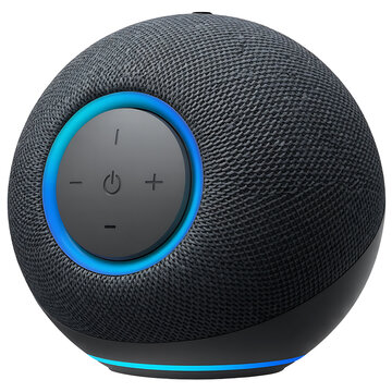 A detailed studio shot of an amazon echo dot 4th generation smart speaker on transparent background