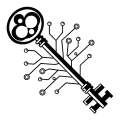 Digital Key Vector Illustration with Circuit Board Pattern for Cyber Security Concept ,Technology Icon Featuring a Key Integrated with Electronic Circuit Lines Isolated on White
