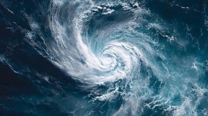 Fototapeta premium Aerial View of a Powerful Hurricane Swirling Over the Ocean, Dramatic Weather Phenomenon.