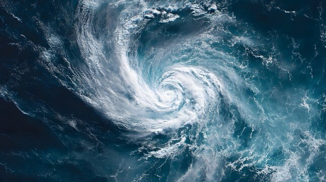 Aerial View of a Powerful Hurricane Swirling Over the Ocean, Dramatic Weather Phenomenon.