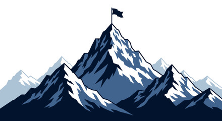 A dark blue flag stands proudly atop a snow-capped mountain peak. © Himari