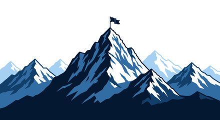 A majestic mountain peak stands tall against a clear sky, crowned with a flag symbolizing achievement and success. © Himari
