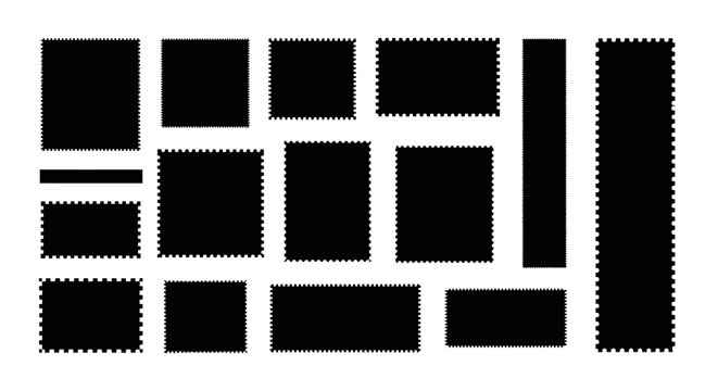 A collection of black postage stamps of various shapes and sizes with perforated edges, isolated on a white background.