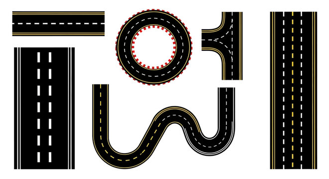 A collection of various road segments and intersections, including straight roads, curves, a roundabout, and a T-junction, all rendered in a flat, vector illustration style.