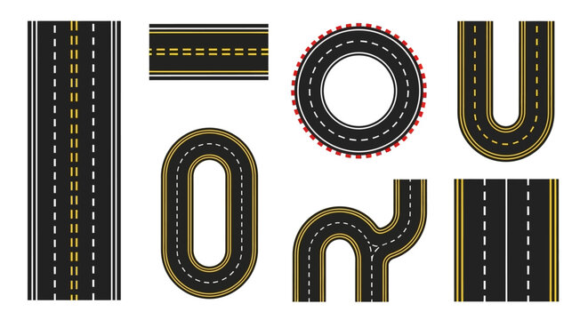 Collection of various road and track designs, including straight sections, curves, and a circular track.