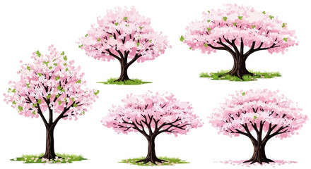 Obraz premium A collection of five stylized illustrations of cherry blossom trees in full bloom, showcasing their delicate pink flowers and lush green leaves against a white background.