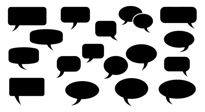 A collection of various black speech bubbles and thought bubbles on a white background.