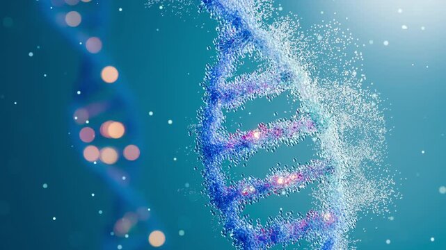 Blue DNA molecular transformation breaking and reforming scientific visualization 3D rendering