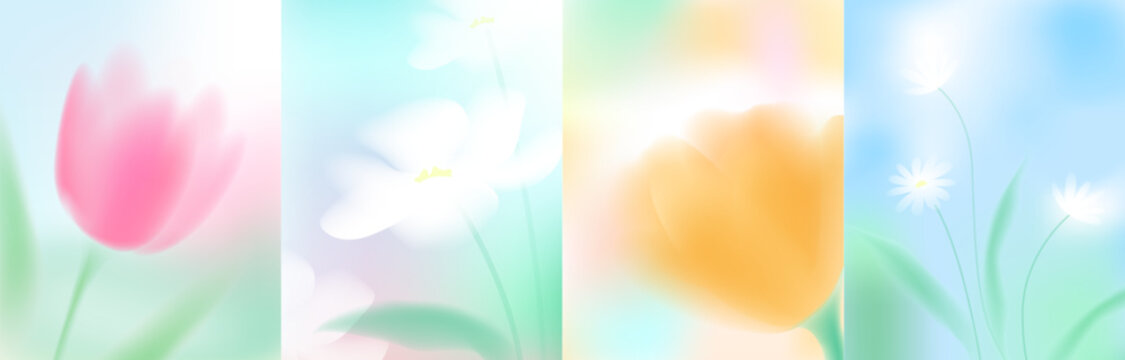 Blurred spring aesthetic flowers set. Macro flowers. White, pink, blue, yellow soft colors. Blurry landscape with plants. Design for card, invitation, cover, post. Place for text.