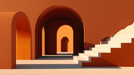 Fototapeta premium Architectural Perspective - A Stunning Composition of Arches and Staircase in Warm Tones.