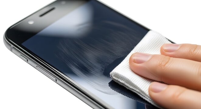 Hand holding cell phone with micro micro cleaning cloth back phone screen.