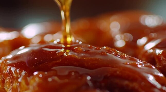 Close-up of honey pouring onto a sweet pastry dessert in a culinary setting
