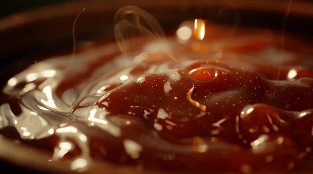 Sizzling hot barbecue sauce splashing in a bowl viewed closely from above