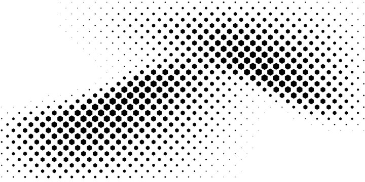 Hexagon halftone gradient texture. Abstract black grunge background. Geometric retro halftone tech overlay. Fading wavy hexagonal pattern backdrop. Vector wallpaper