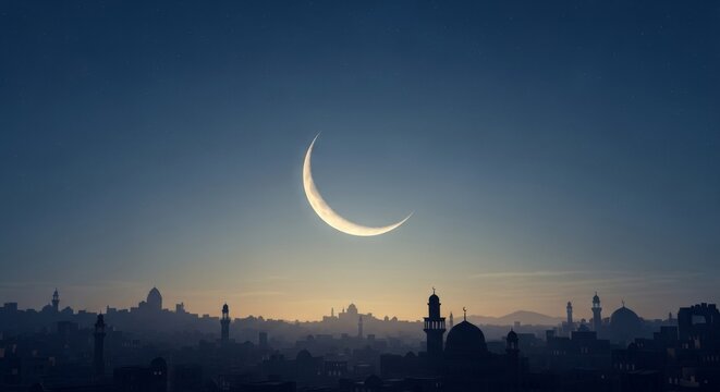 Crescent moon silhouette over city skyline at dusk, capturing serenity and urban life. Ramada & Moon day Background.