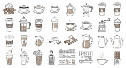 Collection of Coffee-Related Items and Drinks in Hand-Drawn Style