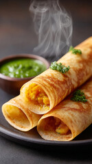 Traditional indian festive cuisine: delicious masala dosa with fresh chutney