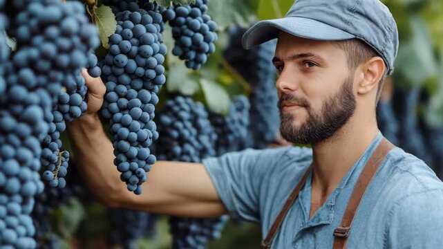 selective focus organic vineyard quality control by experienced farmer