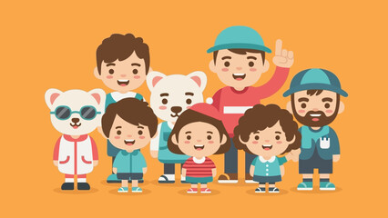 Diverse Group of Cartoon Kids and Animals Standing Together, Flat Design