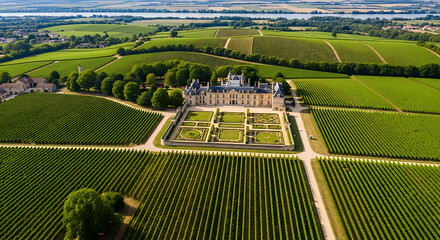 Naklejka premium Overhead drone photo of Bordeaux vineyards wine estates and Garonne River France