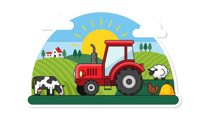 Farm Scene with Tractor, Cow, Sheep, Chicken, and Hay Bale under Sunny Sky © kadal