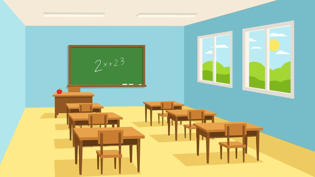Empty classroom with desks, chairs, and blackboard with math equation, natural light from windows.